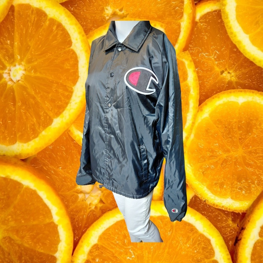 Champion Mens Sherpa Lined Coach Jacket Black Big Logo Windbreaker V3699 Small